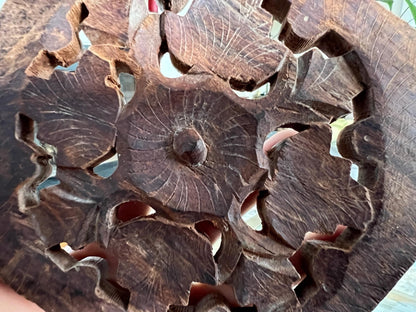 Vintage Carved Wooden Trivet, Footed Plant Stand, Floral Design Wood Carving, Boho, Octagon - Loom Vintage