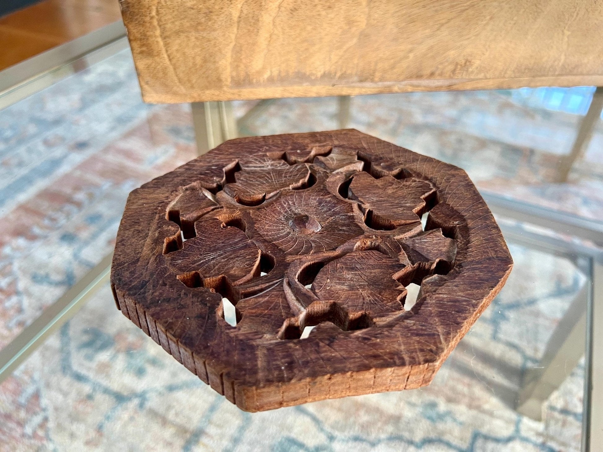 Vintage Carved Wooden Trivet, Footed Plant Stand, Floral Design Wood Carving, Boho, Octagon - Loom Vintage
