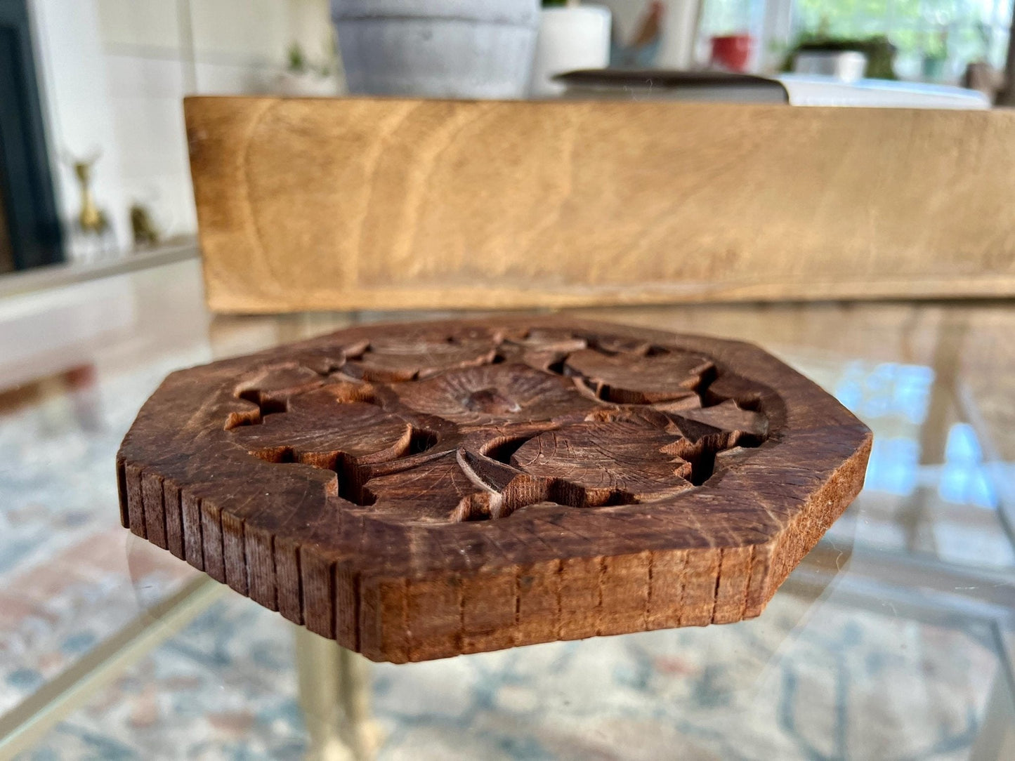 Vintage Carved Wooden Trivet, Footed Plant Stand, Floral Design Wood Carving, Boho, Octagon - Loom Vintage