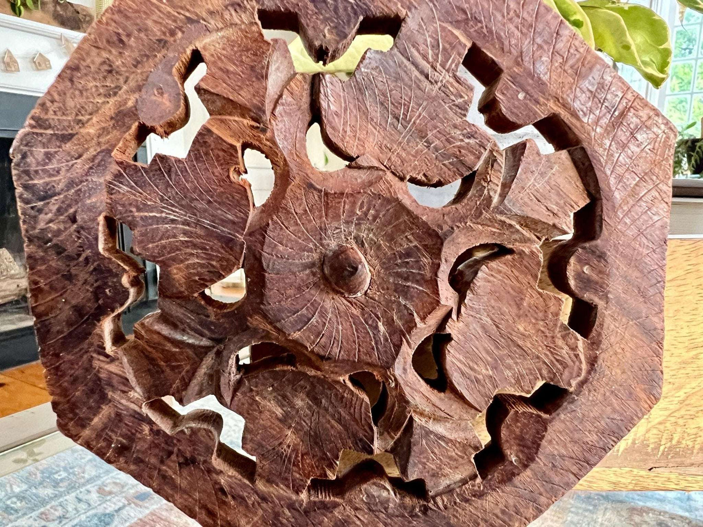Vintage Carved Wooden Trivet, Footed Plant Stand, Floral Design Wood Carving, Boho, Octagon - Loom Vintage