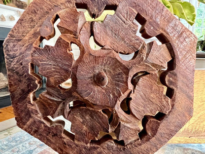 Vintage Carved Wooden Trivet, Footed Plant Stand, Floral Design Wood Carving, Boho, Octagon - Loom Vintage