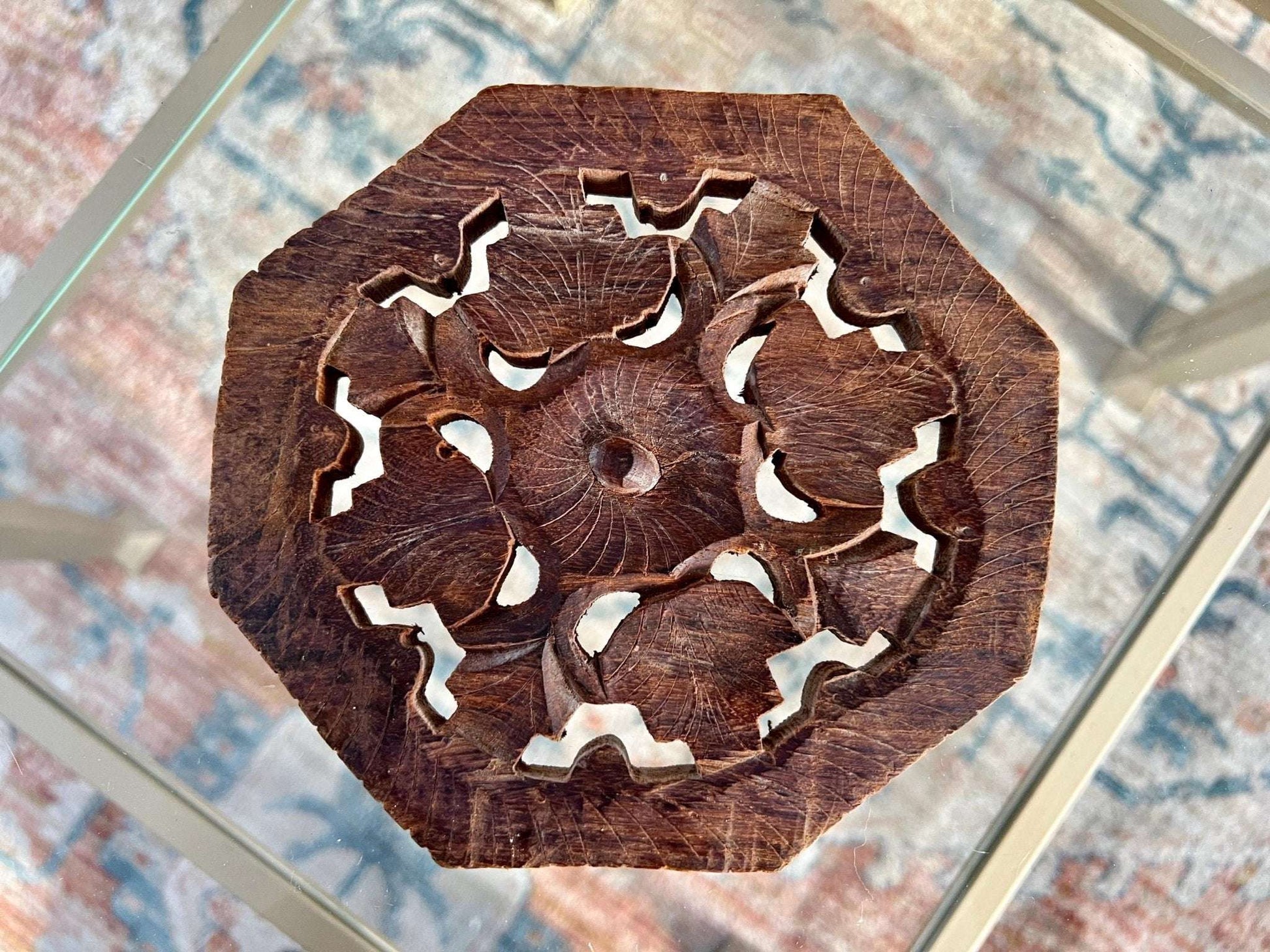 Vintage Carved Wooden Trivet, Footed Plant Stand, Floral Design Wood Carving, Boho, Octagon - Loom Vintage