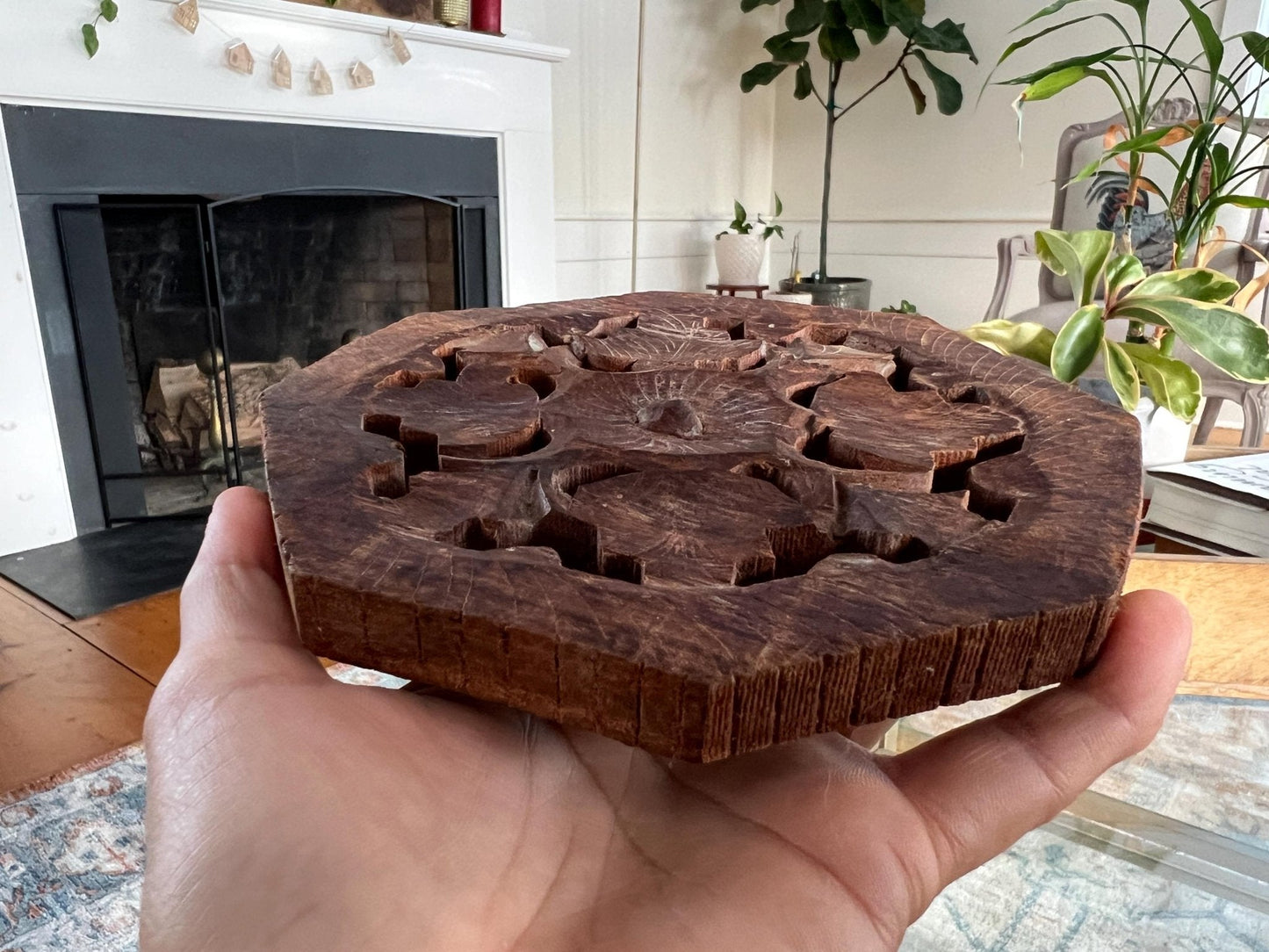 Vintage Carved Wooden Trivet, Footed Plant Stand, Floral Design Wood Carving, Boho, Octagon - Loom Vintage