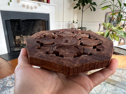 Vintage Carved Wooden Trivet, Footed Plant Stand, Floral Design Wood Carving, Boho, Octagon - Loom Vintage