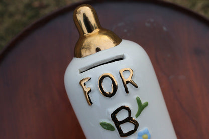 Vintage Ceramic Baby Bottle Coin Bank — "For Baby," Blue Flowers & Gold Lettering, 7"H - Loom Vintage