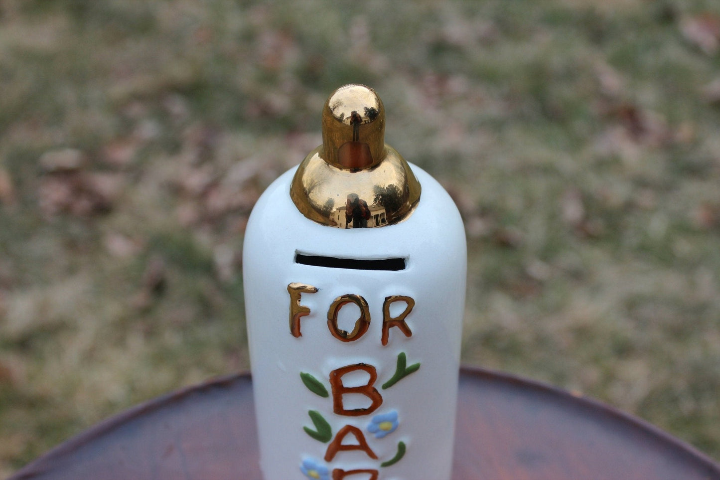 Vintage Ceramic Baby Bottle Coin Bank — "For Baby," Blue Flowers & Gold Lettering, 7"H - Loom Vintage