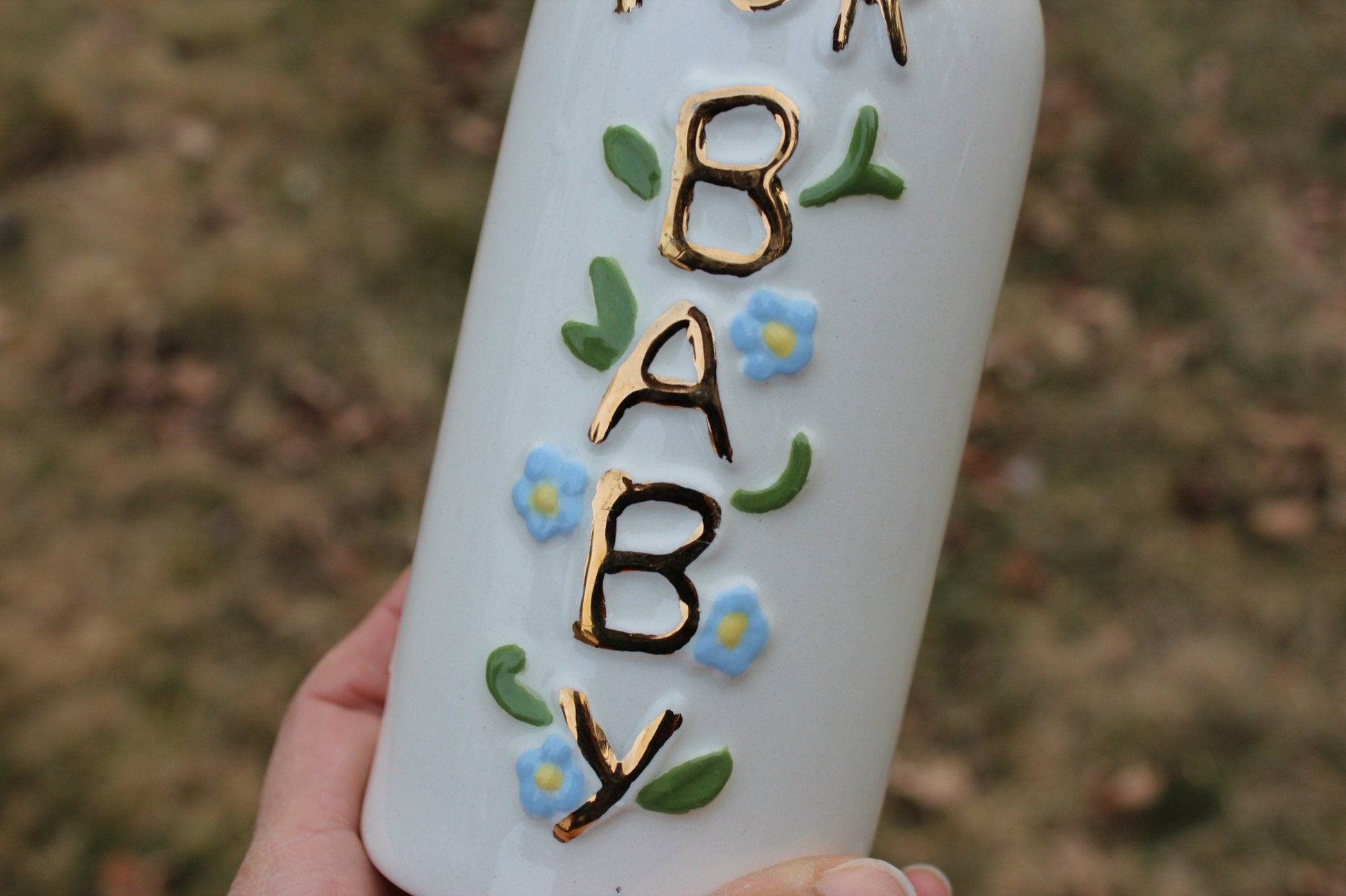 Vintage Ceramic Baby Bottle Coin Bank — "For Baby," Blue Flowers & Gold Lettering, 7"H - Loom Vintage