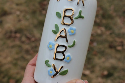 Vintage Ceramic Baby Bottle Coin Bank — "For Baby," Blue Flowers & Gold Lettering, 7"H - Loom Vintage