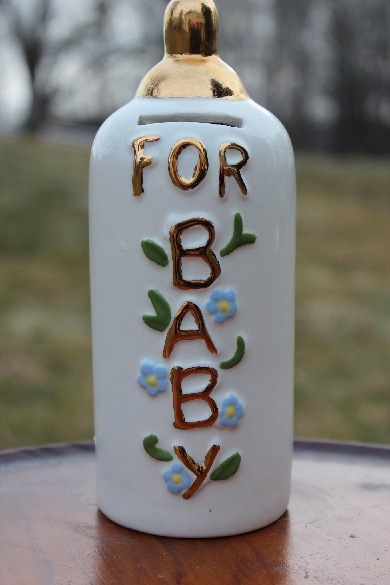 Vintage Ceramic Baby Bottle Coin Bank — "For Baby," Blue Flowers & Gold Lettering, 7"H - Loom Vintage