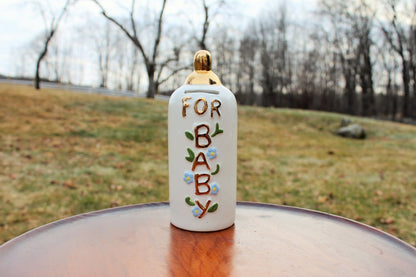Vintage Ceramic Baby Bottle Coin Bank — "For Baby," Blue Flowers & Gold Lettering, 7"H - Loom Vintage