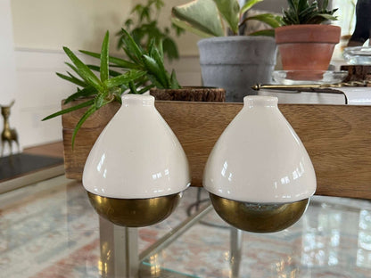 Vintage cream ceramic teardrop salt and pepper shakers in brass cup bases, photo 1 of 10