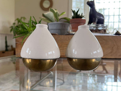 Vintage cream ceramic teardrop salt and pepper shakers in brass cup bases, photo 2 of 10