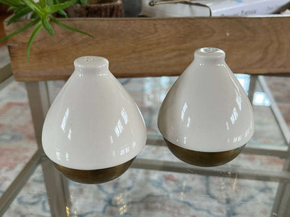 Vintage cream ceramic teardrop salt and pepper shakers in brass cup bases, photo 4 of 10