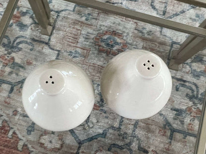 Vintage cream ceramic teardrop salt and pepper shakers in brass cup bases, photo 9 of 10