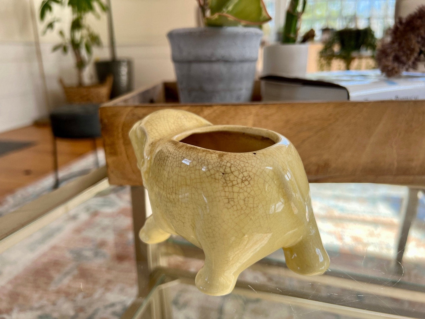 Vintage Ceramic Elephant Planter, Soft Yellow Flower Pot, Pastel Yellow Pottery - Loom Vintage