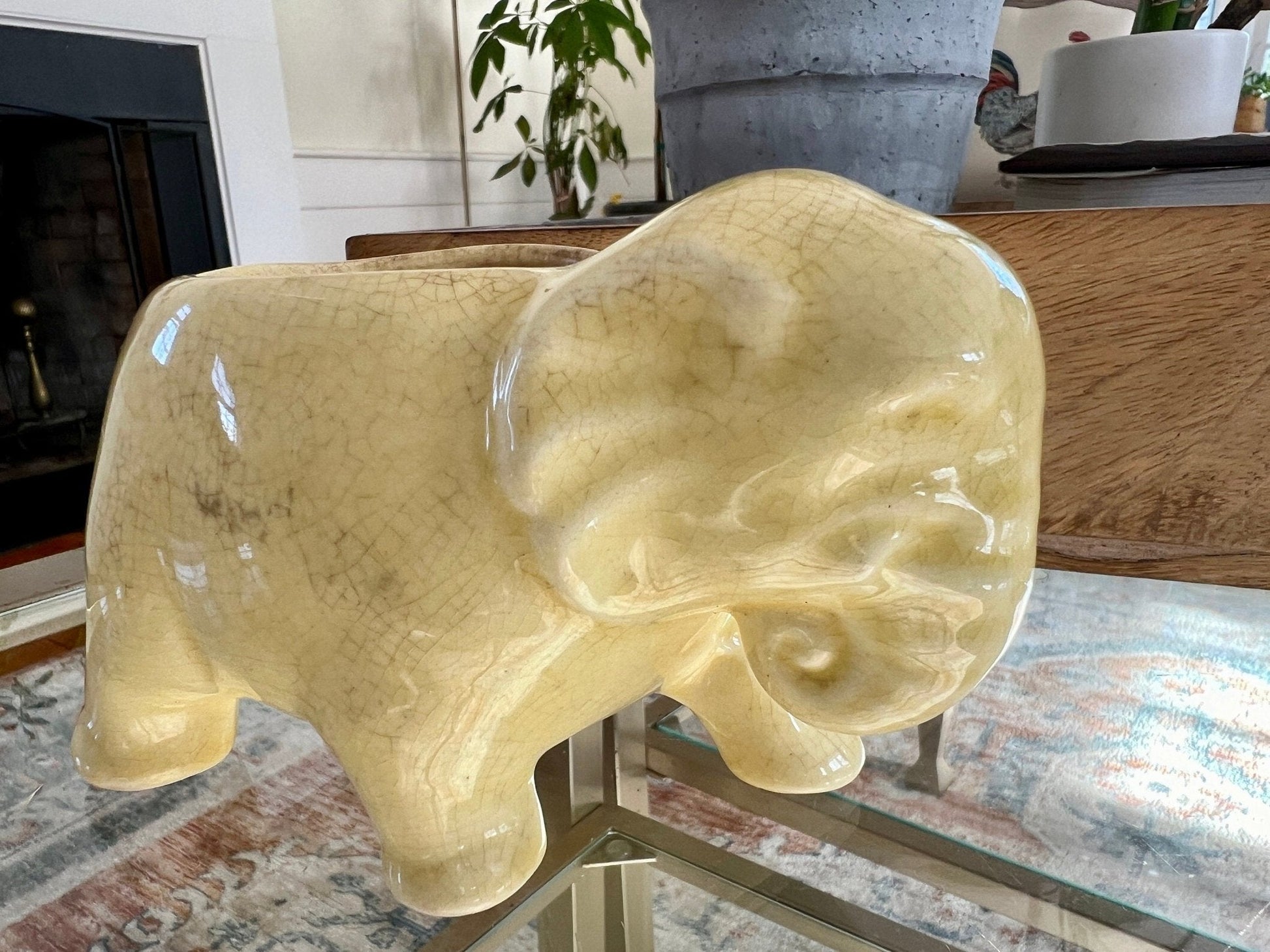 Vintage Ceramic Elephant Planter, Soft Yellow Flower Pot, Pastel Yellow Pottery - Loom Vintage