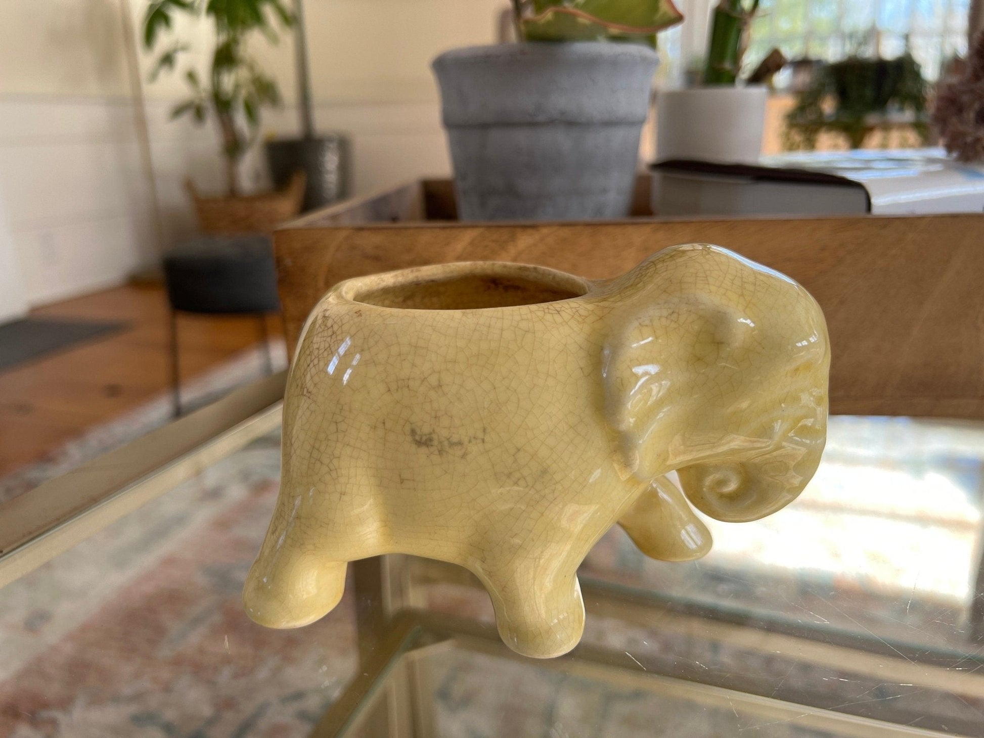 Vintage Ceramic Elephant Planter, Soft Yellow Flower Pot, Pastel Yellow Pottery - Loom Vintage