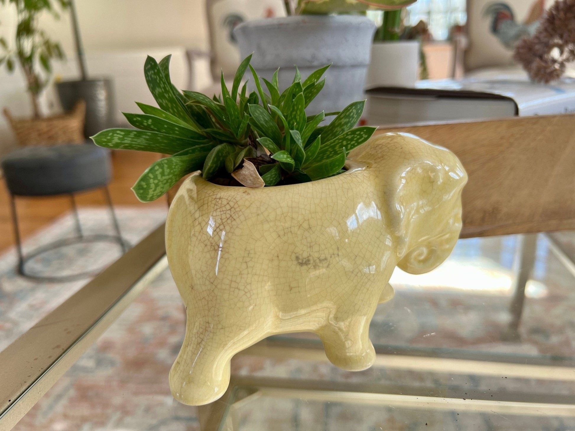 Vintage Ceramic Elephant Planter, Soft Yellow Flower Pot, Pastel Yellow Pottery - Loom Vintage