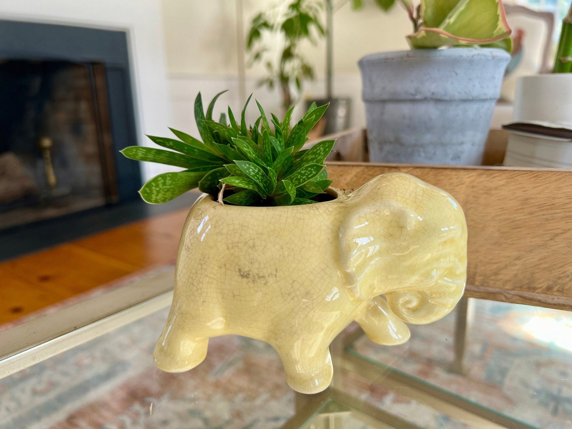 Vintage Ceramic Elephant Planter, Soft Yellow Flower Pot, Pastel Yellow Pottery - Loom Vintage