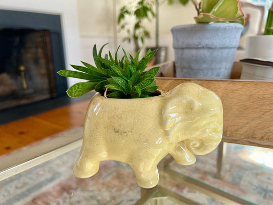 Vintage Ceramic Elephant Planter, Soft Yellow Flower Pot, Pastel Yellow Pottery - Loom Vintage