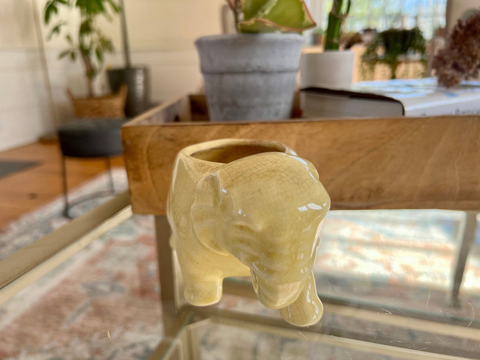 Vintage Ceramic Elephant Planter, Soft Yellow Flower Pot, Pastel Yellow Pottery - Loom Vintage