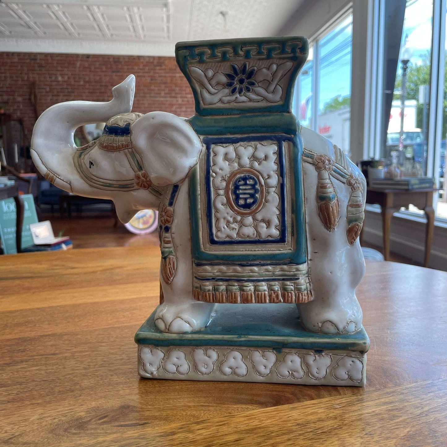 Vintage Ceramic Elephant Stand – Glazed Moss Green & Blue - Loom Vintage