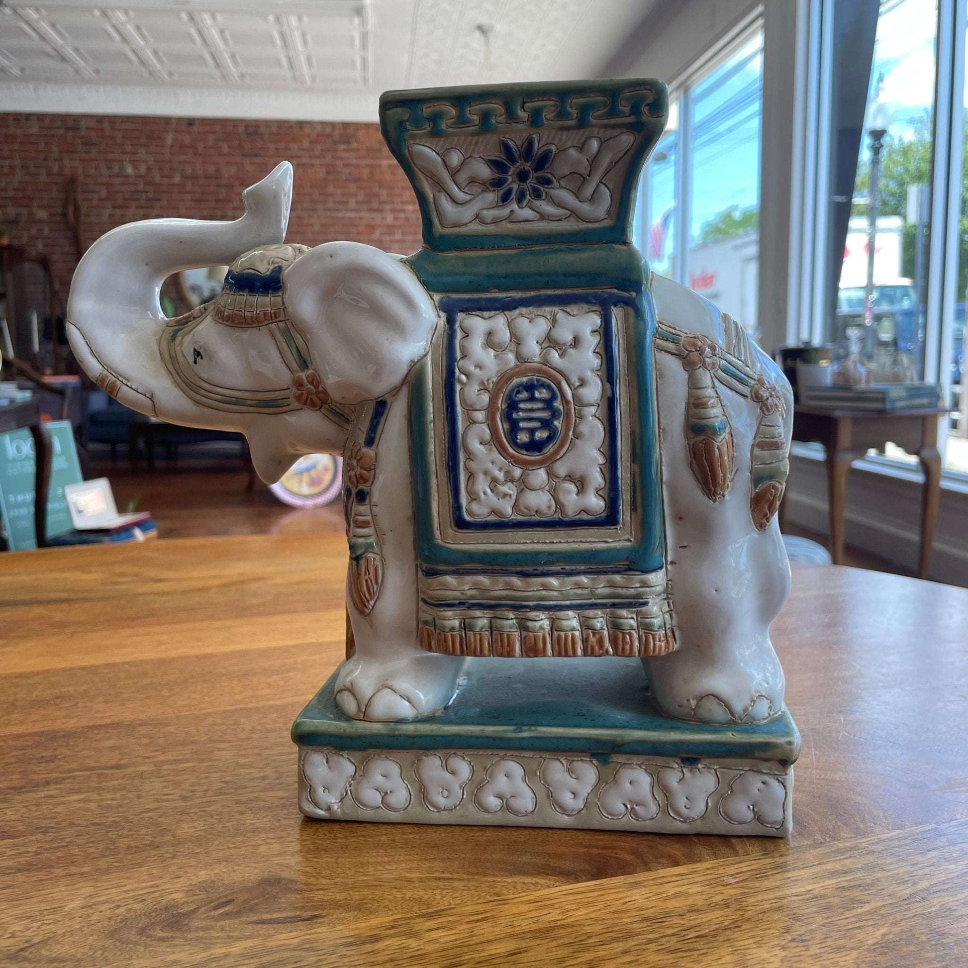 Vintage Ceramic Elephant Stand – Glazed Moss Green & Blue - Loom Vintage