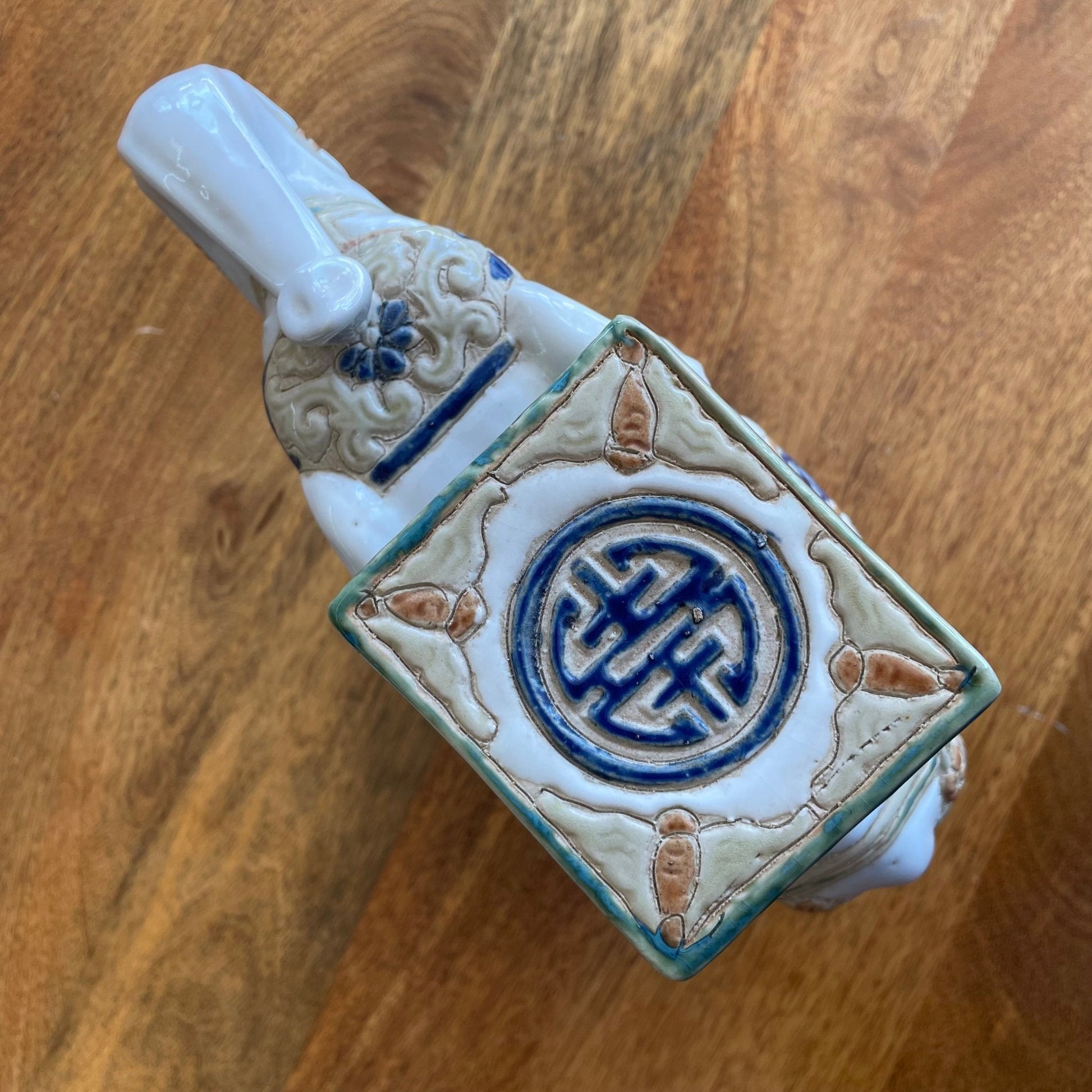 Vintage Ceramic Elephant Stand – Glazed Moss Green & Blue - Loom Vintage