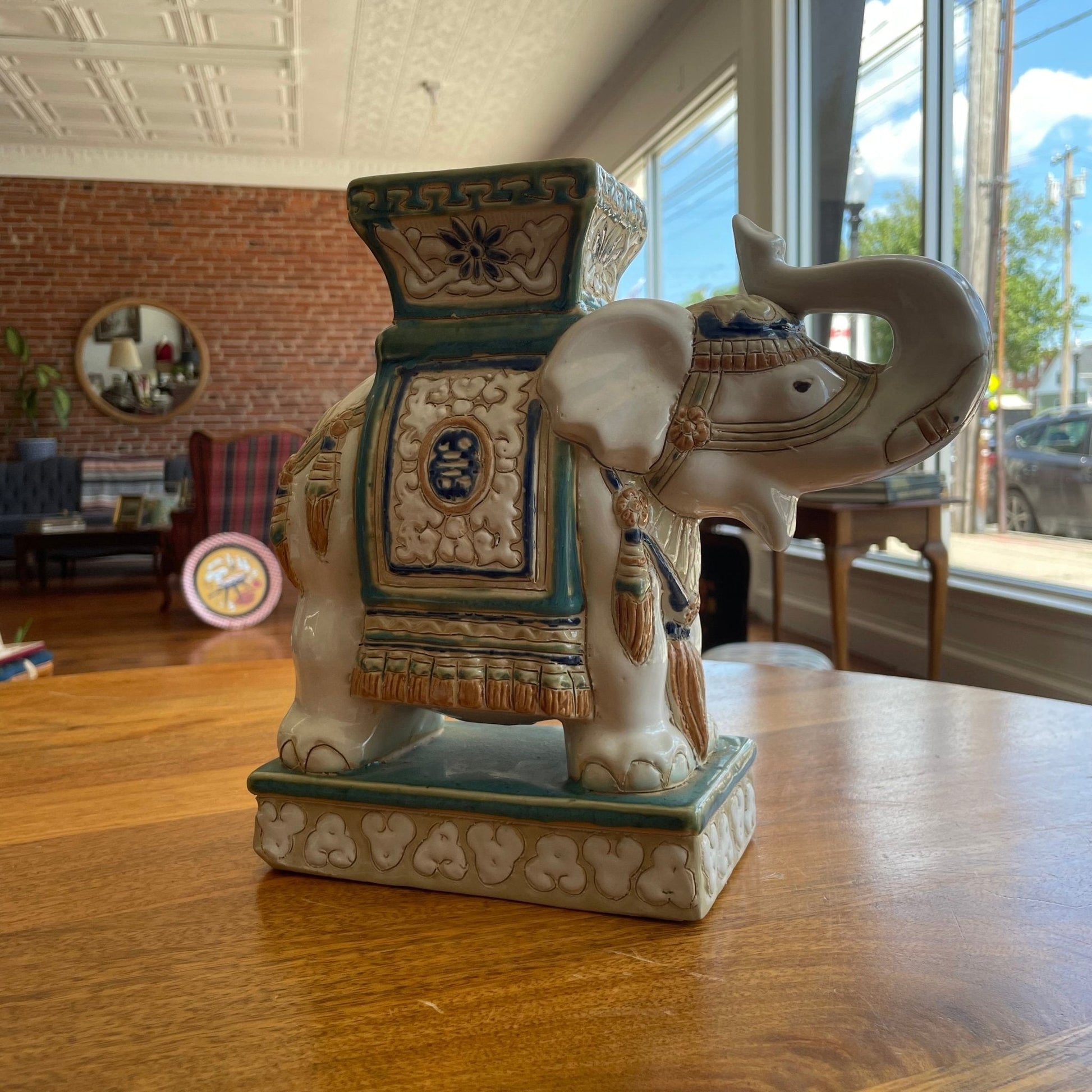 Vintage Ceramic Elephant Stand – Glazed Moss Green & Blue - Loom Vintage