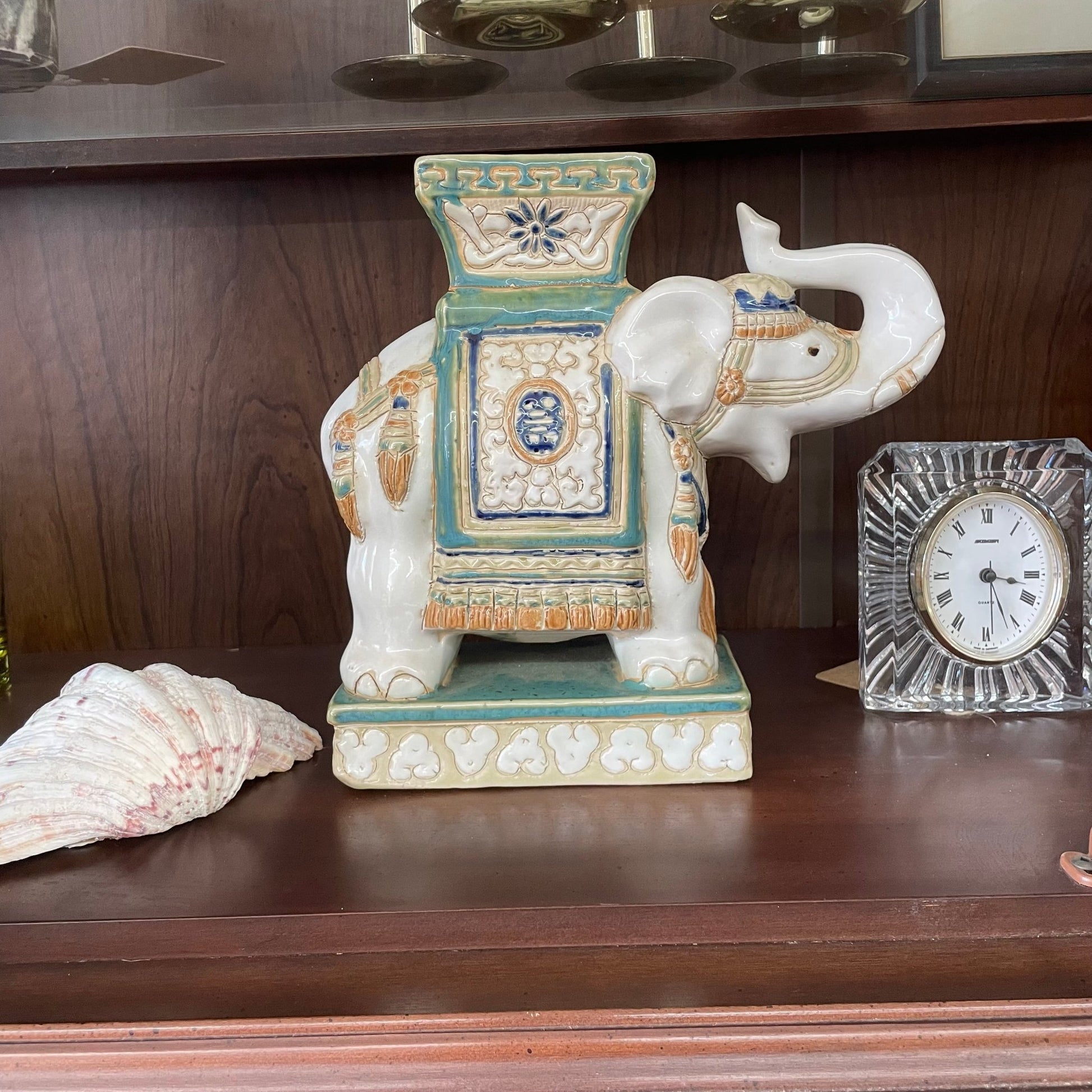 Vintage Ceramic Elephant Stand – Glazed Moss Green & Blue - Loom Vintage
