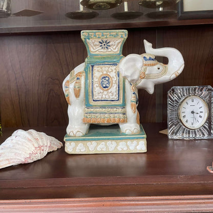 Vintage Ceramic Elephant Stand – Glazed Moss Green & Blue - Loom Vintage