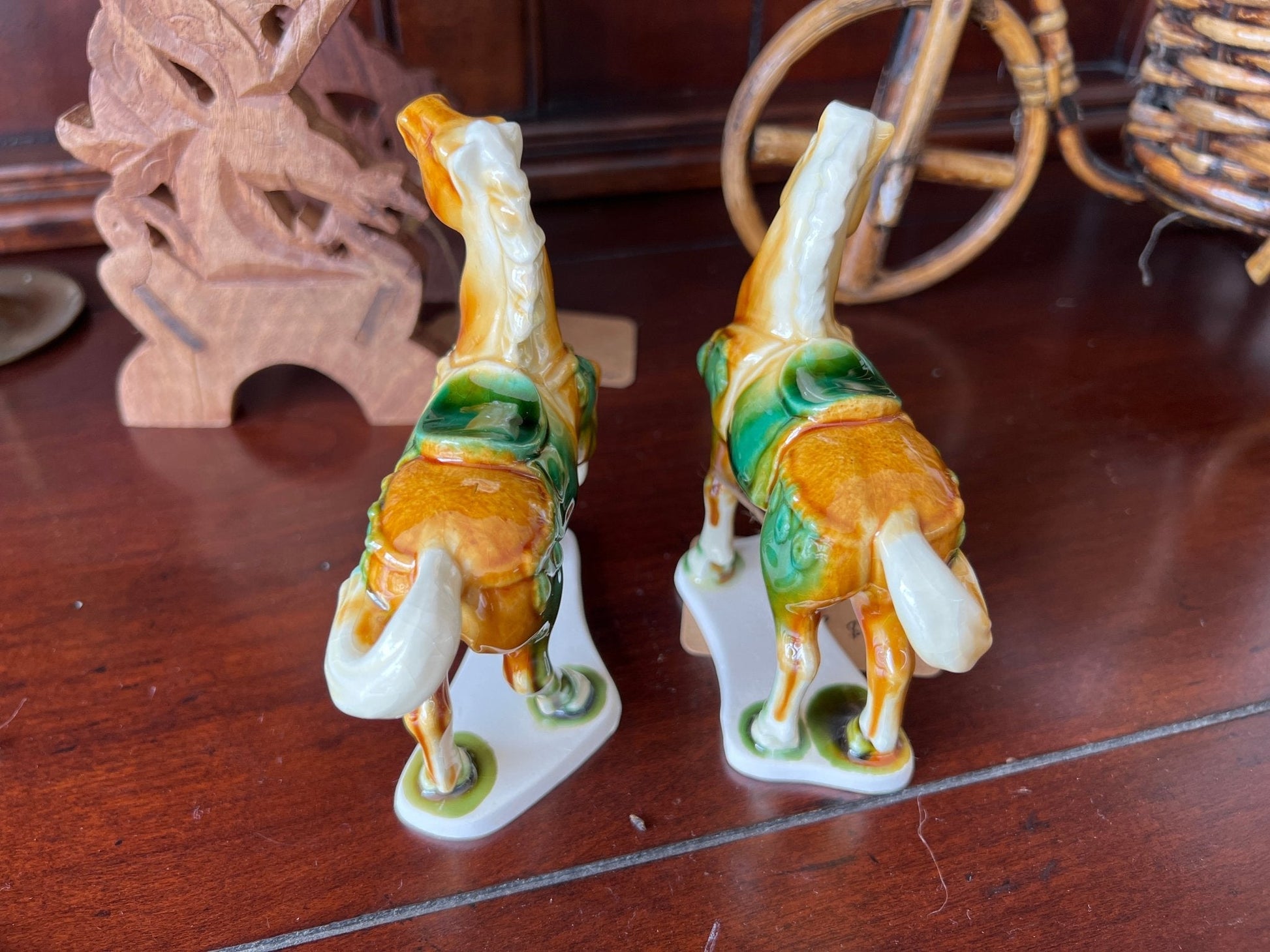 Vintage Ceramic Horse Figurines, Hand - Painted Tang Style Pair - Loom Vintage