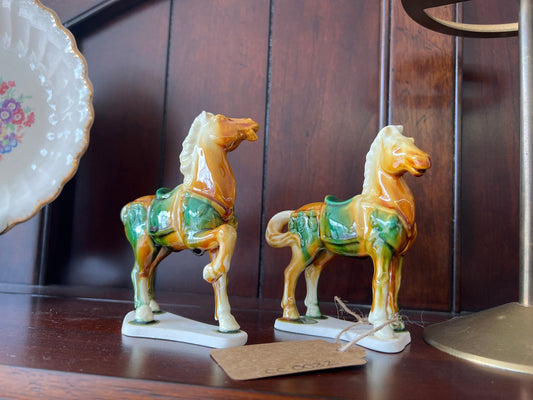 Vintage Ceramic Horse Figurines, Hand - Painted Tang Style Pair - Loom Vintage