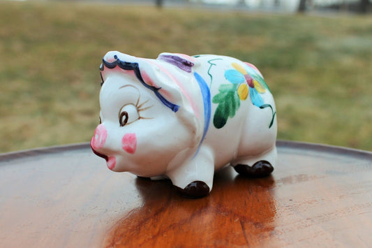 Vintage Ceramic Piggy Bank — "Hand Decorated," Smiling Pig, Drain Plug, 4.5"L - Loom Vintage