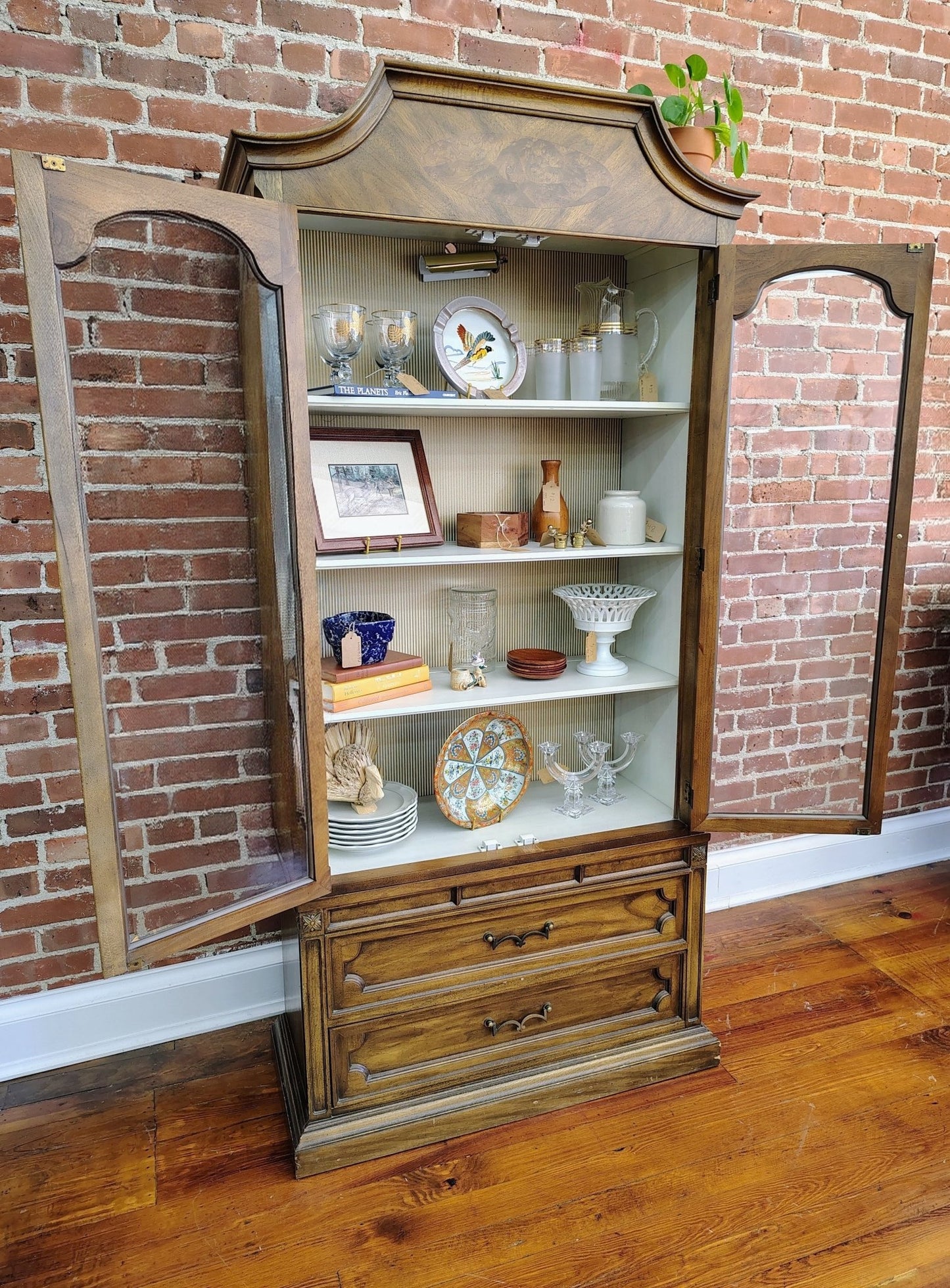 Vintage Chamberlain’s Two - Piece Wood Display Cabinet with Lighting - Loom Vintage