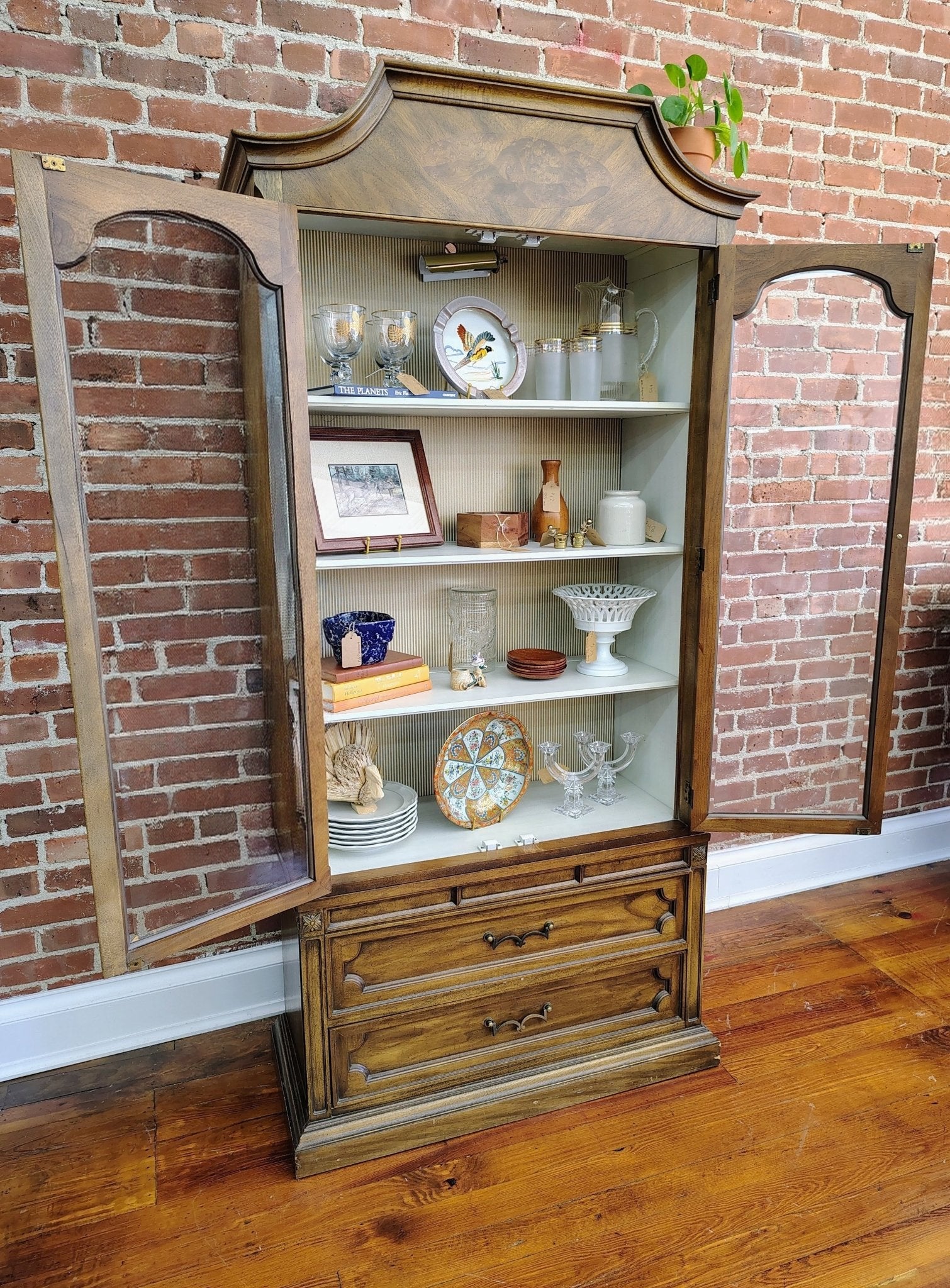 Vintage Chamberlain’s Two - Piece Wood Display Cabinet with Lighting - Loom Vintage