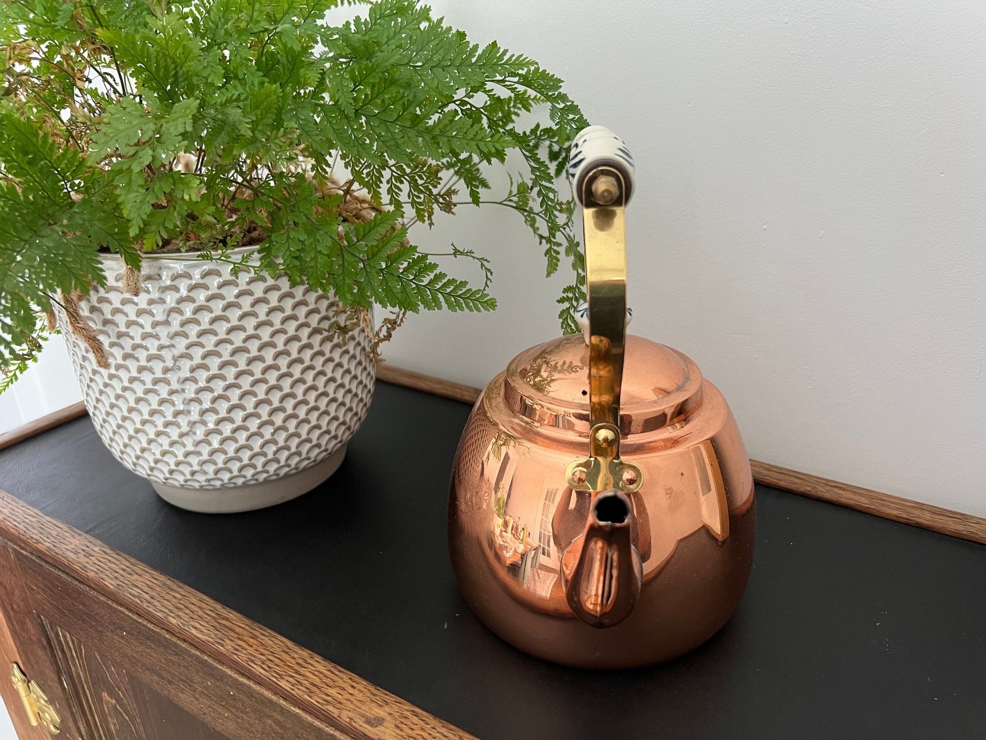Vintage Copper Tea Kettle, Portugal Copper Teapot with Ceramic Details, Country Cottage Tea Kettle, Kitchen Coffee Pot - Loom Vintage
