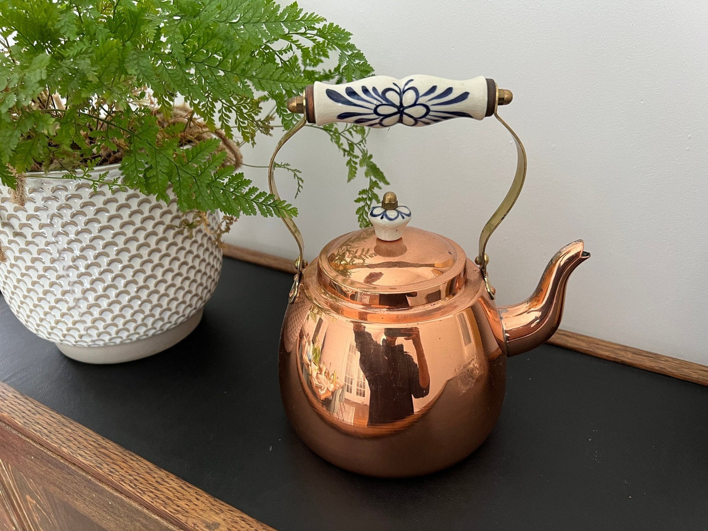 Vintage Copper Tea Kettle, Portugal Copper Teapot with Ceramic Details, Country Cottage Tea Kettle, Kitchen Coffee Pot - Loom Vintage