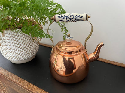 Vintage Copper Tea Kettle, Portugal Copper Teapot with Ceramic Details, Country Cottage Tea Kettle, Kitchen Coffee Pot - Loom Vintage