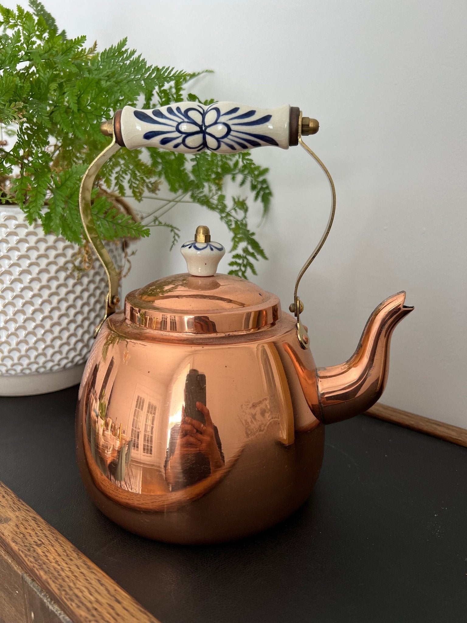 Vintage Copper Tea Kettle, Portugal Copper Teapot with Ceramic Details, Country Cottage Tea Kettle, Kitchen Coffee Pot - Loom Vintage