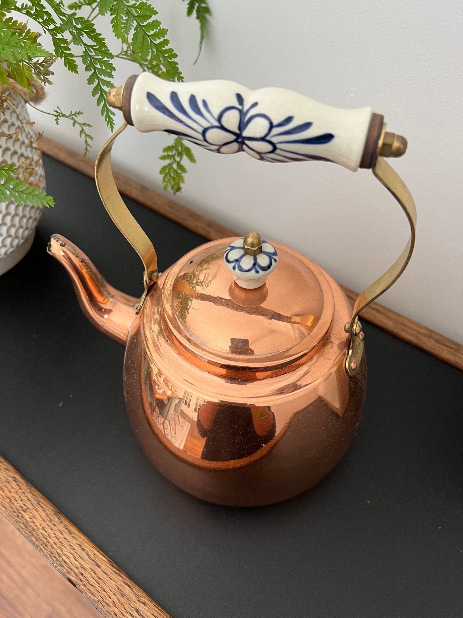 Vintage Copper Tea Kettle, Portugal Copper Teapot with Ceramic Details, Country Cottage Tea Kettle, Kitchen Coffee Pot - Loom Vintage