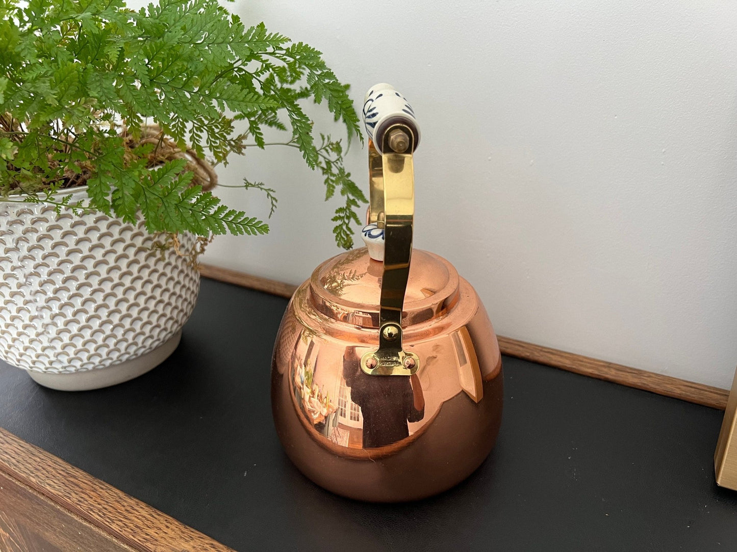 Vintage Copper Tea Kettle, Portugal Copper Teapot with Ceramic Details, Country Cottage Tea Kettle, Kitchen Coffee Pot - Loom Vintage