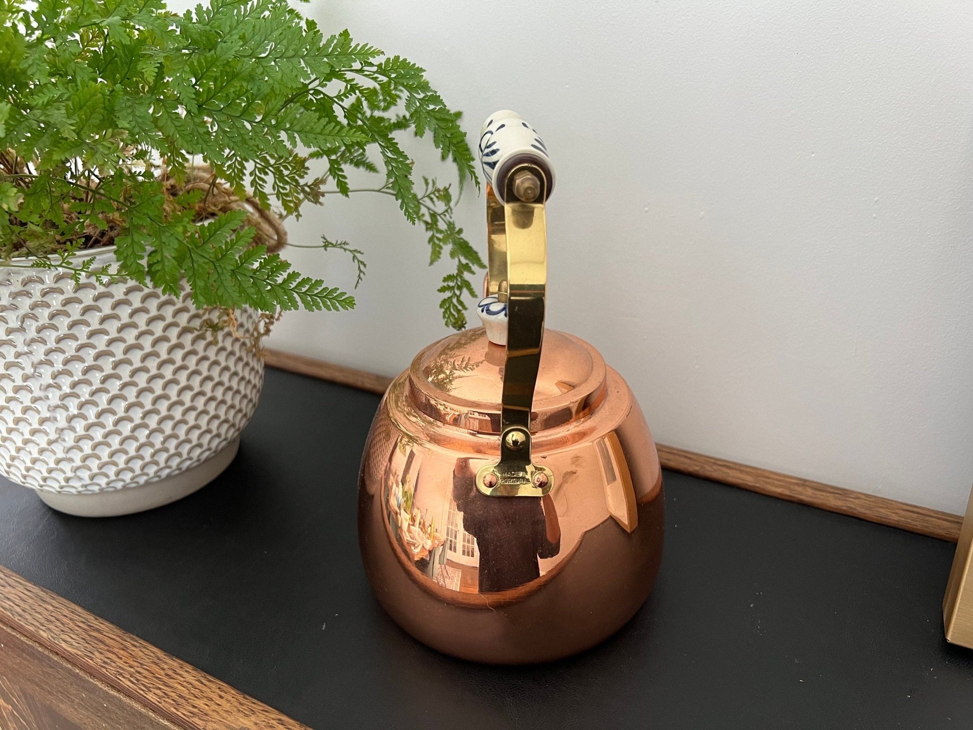 Vintage Copper Tea Kettle, Portugal Copper Teapot with Ceramic Details, Country Cottage Tea Kettle, Kitchen Coffee Pot - Loom Vintage