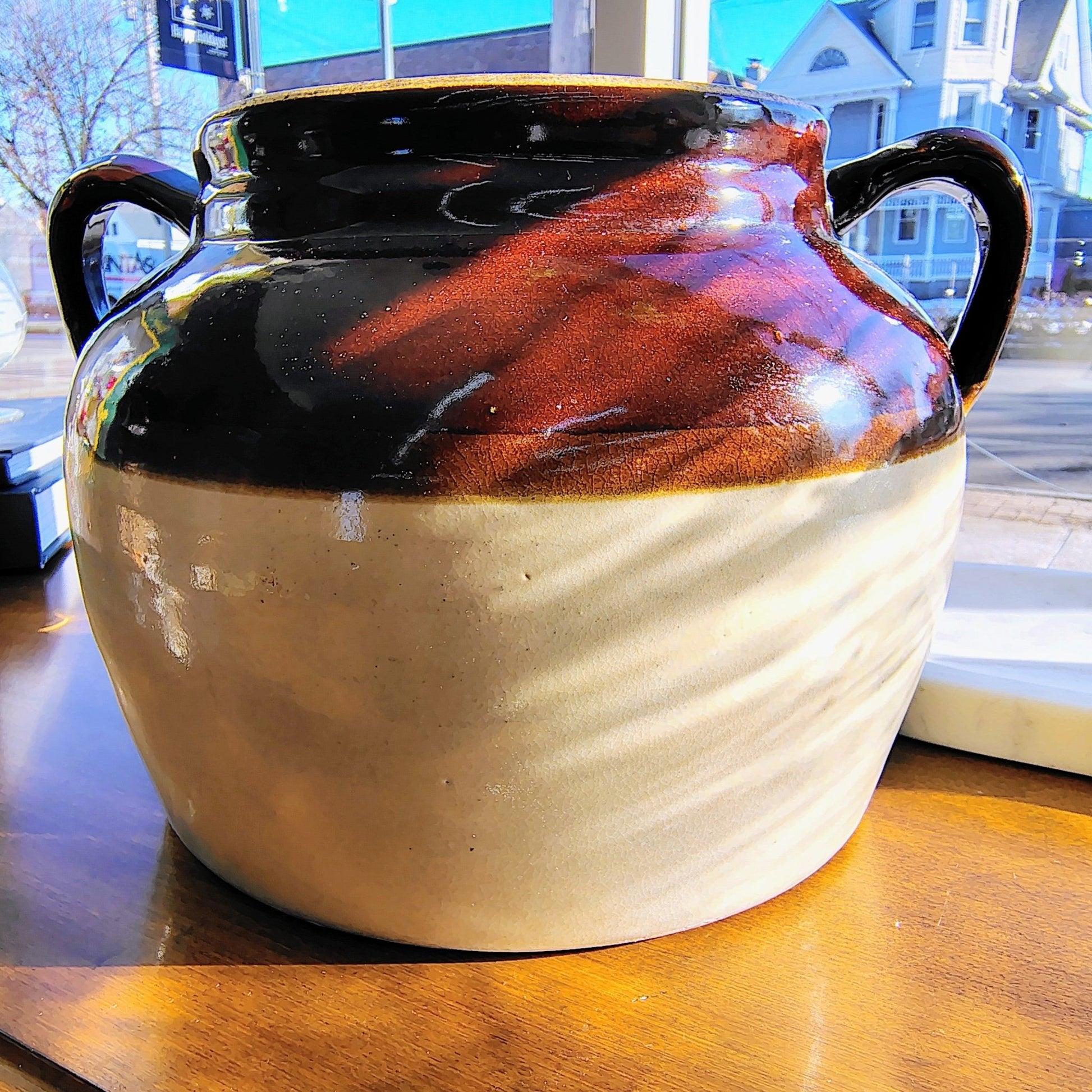 Vintage Crown Stoneware Two - Handle Crock – Brown Glaze & Salt Glaze, 10” x 7” - Loom Vintage