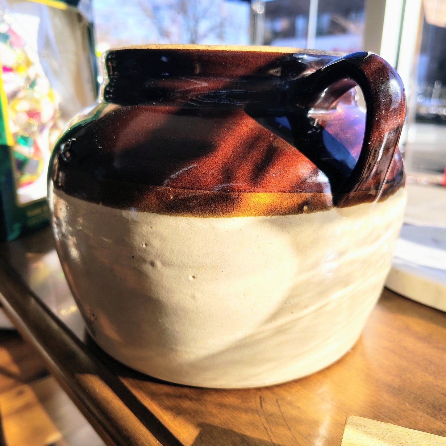 Vintage Crown Stoneware Two - Handle Crock – Brown Glaze & Salt Glaze, 10” x 7” - Loom Vintage