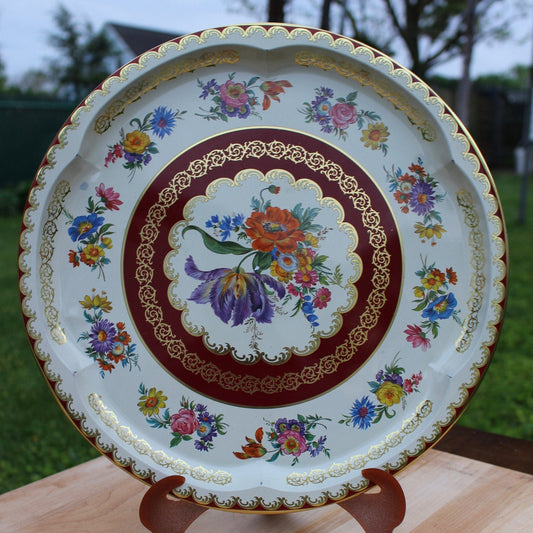 Vintage DAHER 12" Decorated Ware French Floral Pattern Round Tray Tin Platter England - Loom Vintage