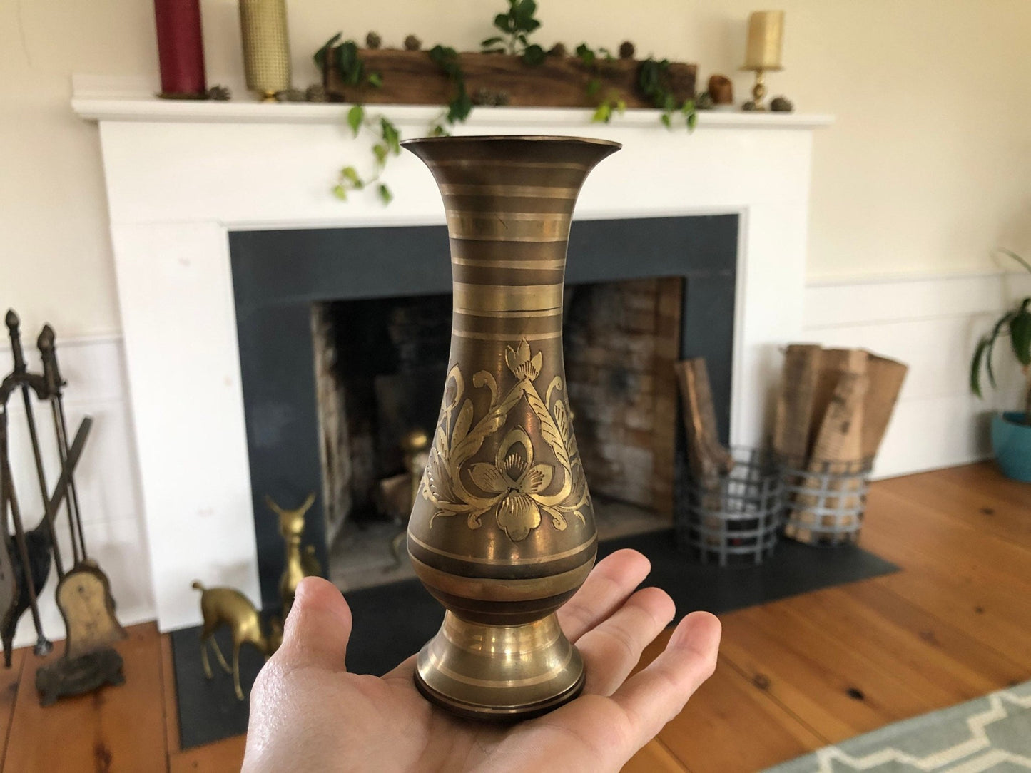 Vintage Designer Etched Brass Vase, Floral Brass Vase, Art - Loom Vintage