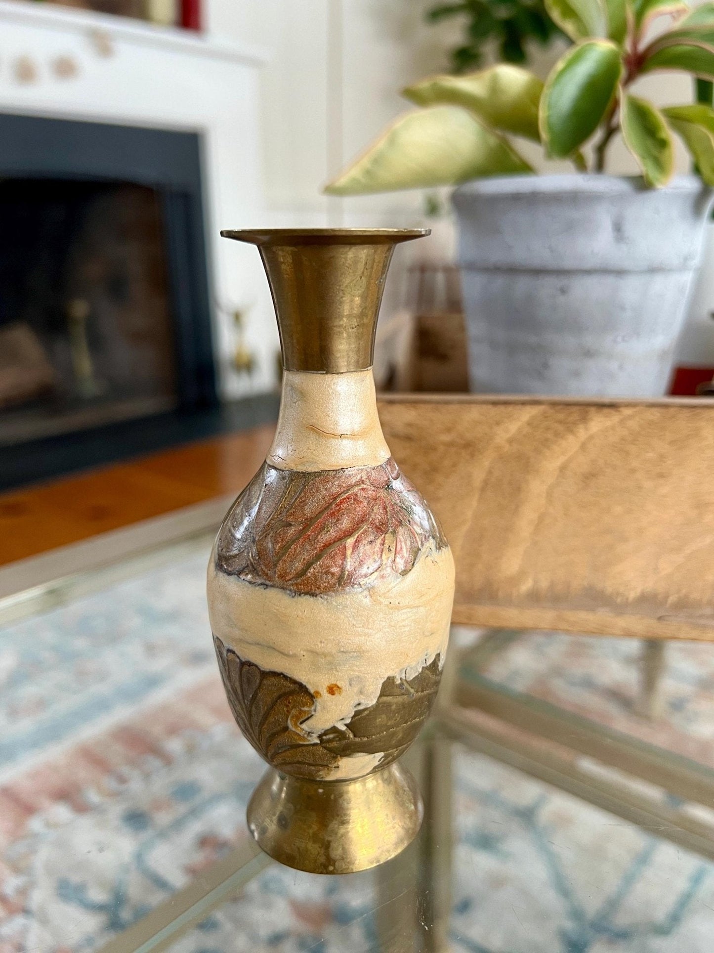 Vintage Designer Etched Floral Brass Vase, Beige Enamel Brass Vase, Bud Vase, Artwork - Loom Vintage