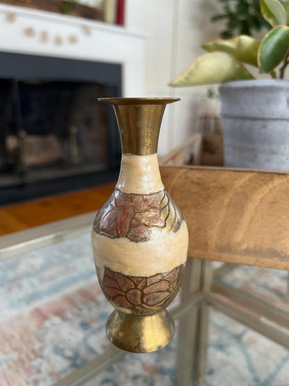 Vintage Designer Etched Floral Brass Vase, Beige Enamel Brass Vase, Bud Vase, Artwork - Loom Vintage