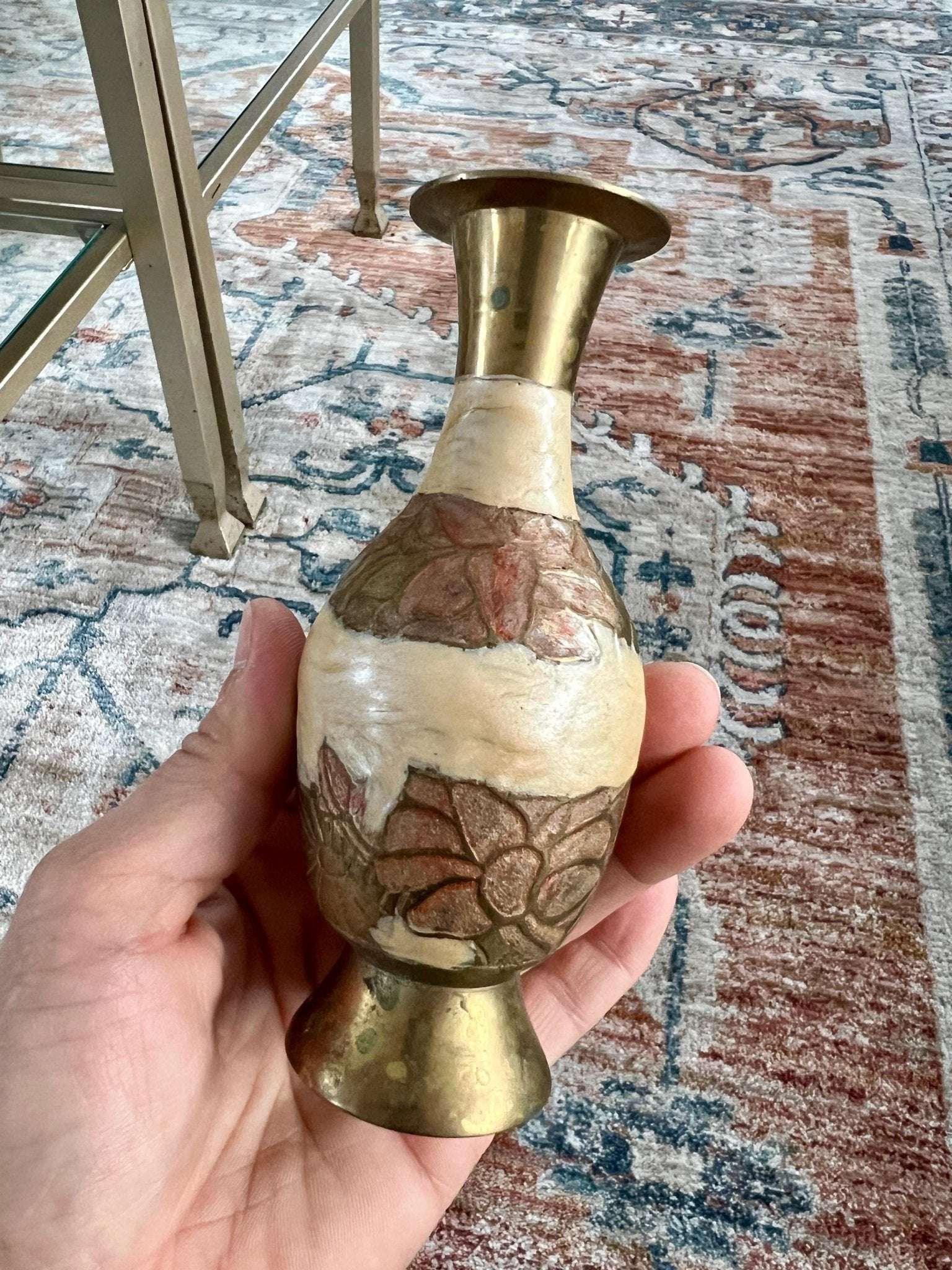 Vintage Designer Etched Floral Brass Vase, Beige Enamel Brass Vase, Bud Vase, Artwork - Loom Vintage